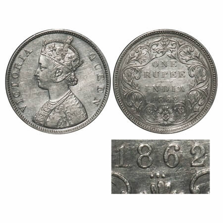 Victoria Queen, Silver, Rupee, 1862, Bombay Mint, B/II/0/3, Inclined 1, Re-engraved die, 3