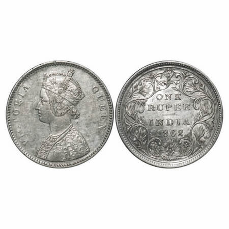 Victoria Queen, Silver, Rupee, 1862, Bombay Mint, A/II/0/4, w/o initial 'J', Inclined 1. F