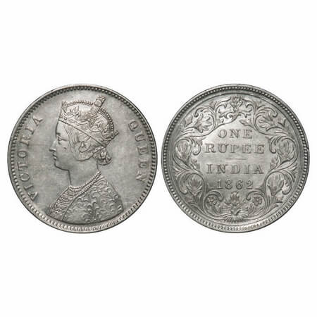 Victoria Queen, Silver, Rupee, 1862, Bombay Mint, A/II/0/4, w/o initial 'J', Die crack on 