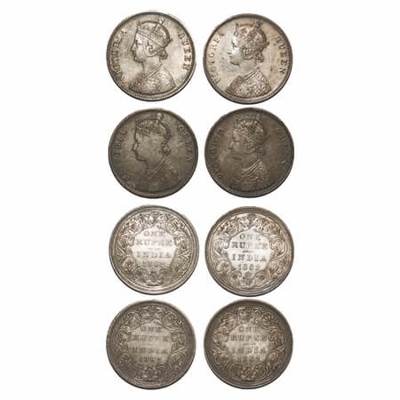 Victoria Queen, Silver, Rupee, 1862, (4 coins), 1) Bombay Mint, A/II/0/4, w/o initial 'J',
