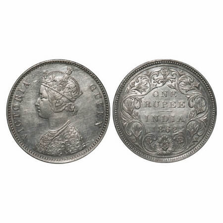 Victoria Queen, Silver, Rupee, 1862, Bombay Mint, A/II/0/6, w/o initial 'J', Inclined 1, w