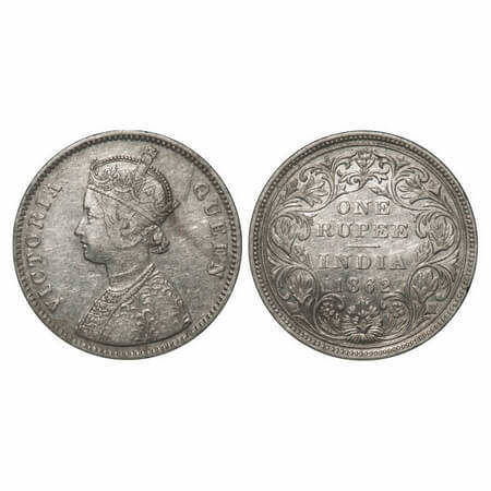 Victoria Queen, Silver, Rupee, 1862, Bombay Mint, A/II/0/7, w/o initial 'J', Inclined 1, S