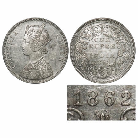 Victoria Queen, Silver, Rupee, 1862, Bombay Mint, A/II/0/13, Earlier dies re used by erasi