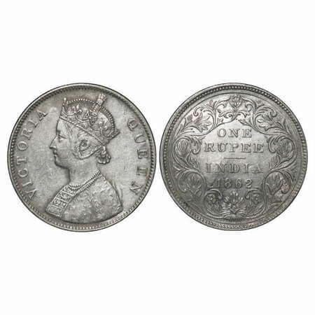 Victoria Queen, Silver, Rupee, 1862, Bombay Mint, B/II/1/0, Inclined 1. F. Prid 576. GK 38