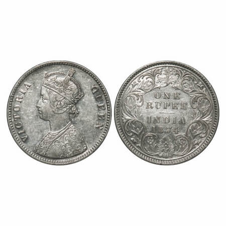 Victoria Queen, Silver, Rupee, 1874, Calcutta Mint, A1/I, No mint mark, Flat 1, Thick nume