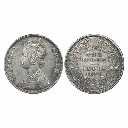 Victoria Queen, Silver, Rupee, 1874, Calcutta Mint, A1/I, No mint mark, Flat 1, Thin numer