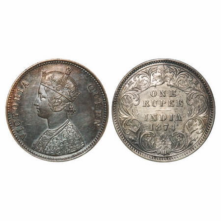 Victoria Queen, Silver, Rupee, 1874, Calcutta Mint, A1/I, No mint mark, Flat 1. F. Prid 11