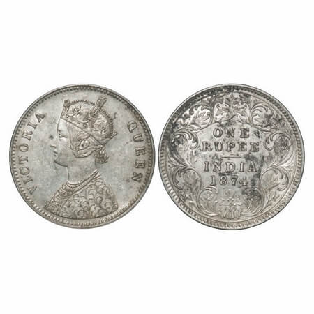 Victoria Queen, Silver, Rupee, 1874, Calcutta Mint, A1/I, No mint mark, Flat 1. F. Prid 11