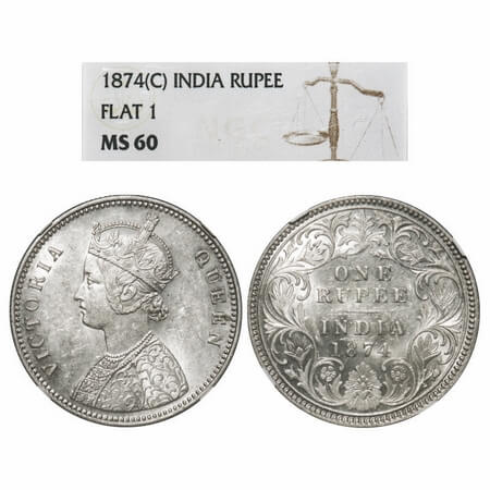 Victoria Queen, Silver, Rupee, 1874, Calcutta Mint, A1/I, No mint mark, Flat 1. F. Prid 11