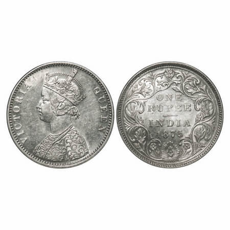 Victoria Queen, Silver, Rupee, 1875, Bombay Mint, A2/II, Dot, top stroke of numeral 5 long