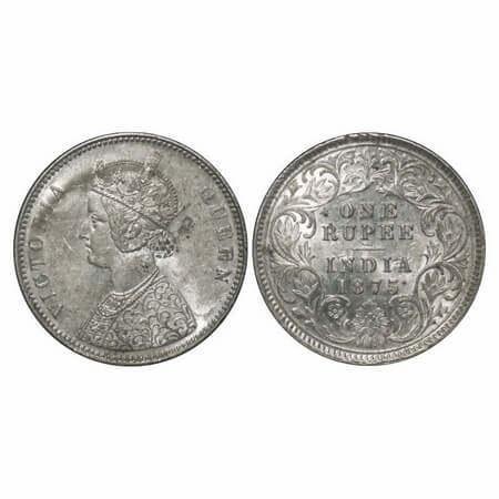 Victoria Queen, Silver, Rupee, 1875, Calcutta Mint, A1/I, No mint mark, Top stroke of nume
