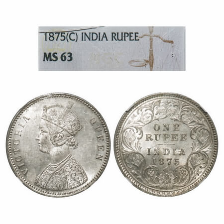 Victoria Queen, Silver, Rupee, 1875, Calcutta Mint, A1/I, No mint mark, Top stroke of nume