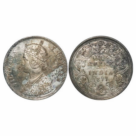 Victoria Empress, Silver, Rupee, 1877, Bombay Mint, A2/II, Dot, Queens jabot has 3 & 3/4 p