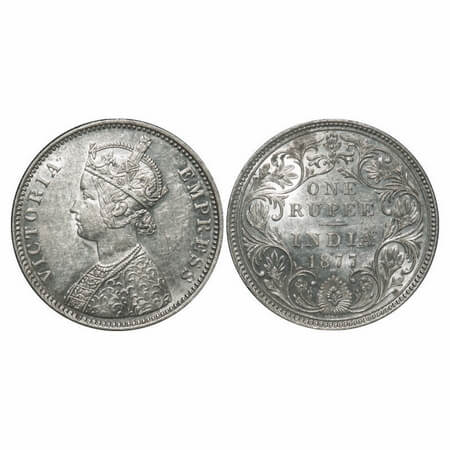 Victoria Empress, Silver, Rupee, 1877, Bombay Mint, A3/II(i), Dot, Queens jabot has 3 & 3/