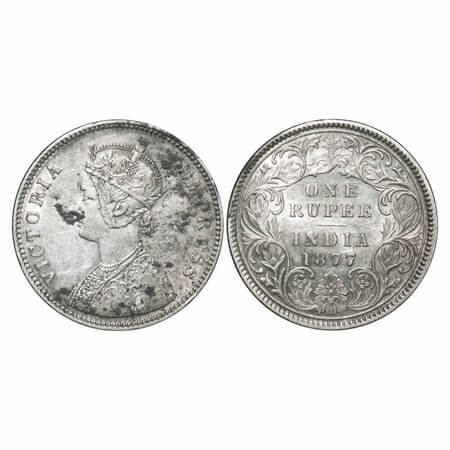Victoria Empress, Silver, Rupee, 1877, Calcutta Mint, A1/I, No mint mark, Thick 77, Ghost 