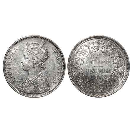 Victoria Empress, Silver, Rupee, 1878, Bombay Mint, A3/II(i), Dot, Inclined 1 of year date