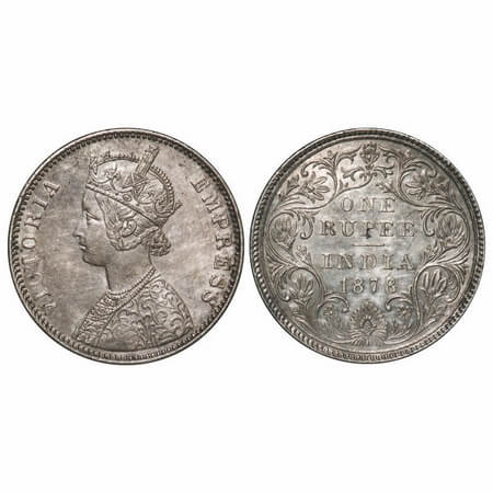Victoria Empress, Silver, Rupee, 1878, Bombay Mint, A3/II(i), Dot, Inclined 1. F. Prid 151