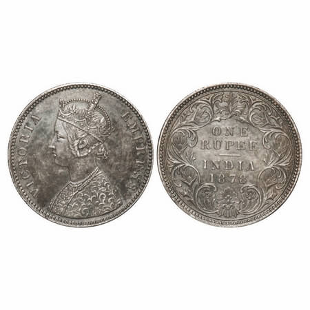 Victoria Empress, Silver, Rupee, 1878, Calcutta Mint, A1/I, No mint mark, Flat 1. F. Prid 