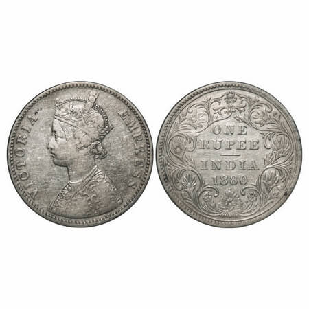 Victoria Empress, Silver, Rupee, 1880, Bombay Mint, A3/II(i), Dot, Inclined 1. F. Prid 155