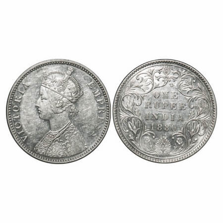 Victoria Empress, Silver, Rupee, 1880, Bombay Mint, A3/II(iv), Dot, Inclined 1. F. Prid Un