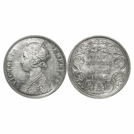 Victoria Empress, Silver, Rupee, 1882, Bombay Mint, A3/I, Dot, With half bottom stroke of 