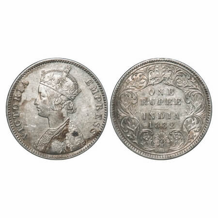 Victoria Empress, Silver, Rupee, 1882, Bombay Mint, A3/I, Dot, Flat 1. F. Prid 160. GK 474