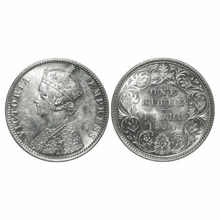 Victoria Empress, Silver, Rupee, 1890, Bombay Mint, C2/I, 'B' incused, The jabot has 3 & 1