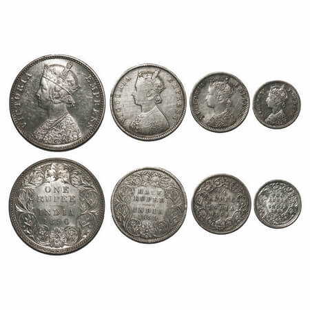 Victoria Empress, Silver, (4 coins), 1) Rupee, 1890, Bombay Mint, C2/I, 'B' incused, Flat 