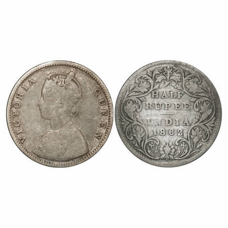 Victoria Queen, Silver, Half Rupee, 1862, Calcutta Mint, C/II, Round Pearls, Five petal fl