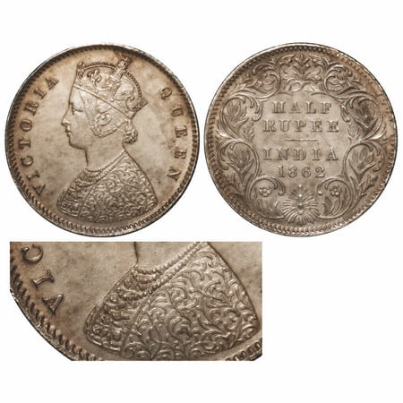 Victoria Queen, Silver, Half Rupee, 1862, Calcutta Mint, A/I, Round Pearls, Mechanical die