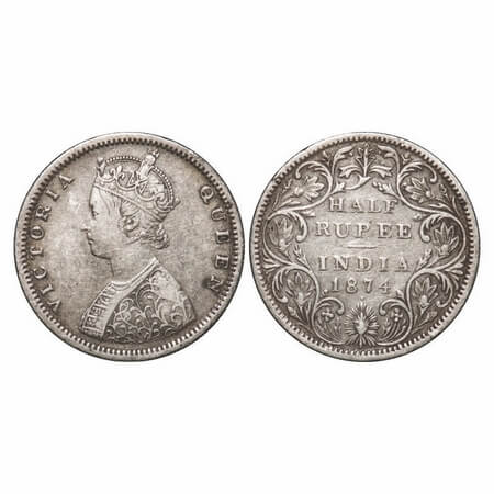 Victoria Queen, Silver, Half Rupee, 1874, Bombay Mint, B2/II, Dot. F. Prid 285. GK 600. Ve