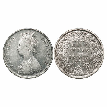 Victoria Empress, Silver, Half Rupee, 1878, Calcutta Mint, A/I, No mint mark. F. Prid 262.