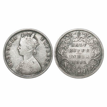 Victoria Empress, Silver, Half Rupee, 1882, Bombay Mint, A/II, Dot. F. Prid 291. GK 620. F