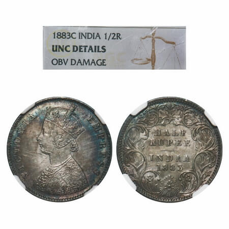 Victoria Empress, Silver, Half Rupee, 1883, Calcutta Mint, A/I, 'C' incused F. Prid 267. G