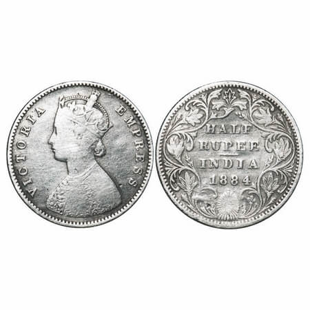 Victoria Empress, Silver, Half Rupee, 1884, Bombay Mint, A/II, Dot. F. Prid 292. GK 625. F