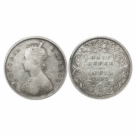 Victoria Empress, Silver, Half Rupee, 1892, Bombay Mint, A/I, 'B' incused F. Prid 302. GK 