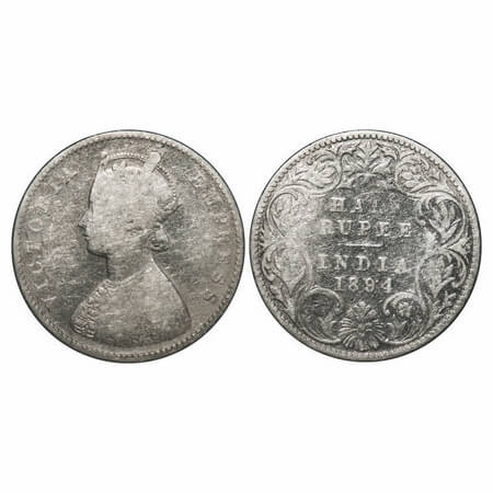 Victoria Empress, Silver, Half Rupee, 1894, Bombay Mint, A/I, 'B' incused. F. Prid 304. GK