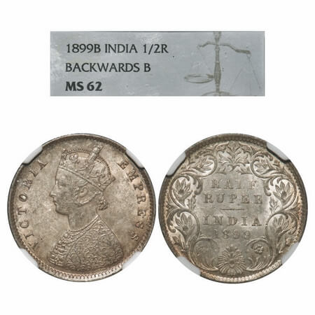 Victoria Empress, Silver, Half Rupee, 1899, Bombay Mint, A/I, 'B' incused, 'B' incused inv