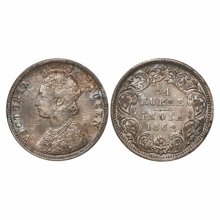 Victoria Queen, Silver, 1/4 Rupee, 1862, Calcutta Mint, A/I. F. Prid 376. GK 375. Very Fin
