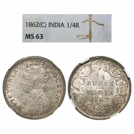 Victoria Queen, Silver, 1/4 Rupee, 1862, Calcutta Mint, A/I. F. Prid 376. GK 375. NGC Slab