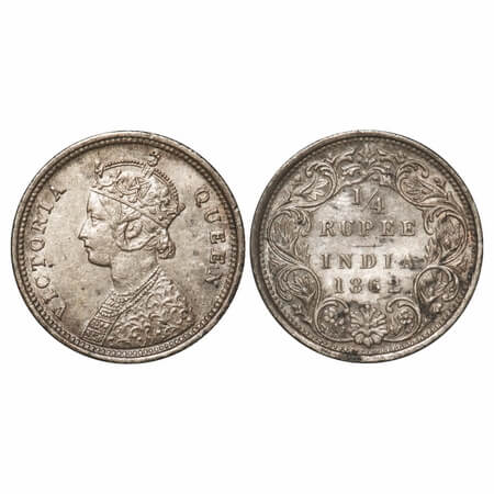Victoria Queen, Silver, 1/4 Rupee, 1862, Bombay Mint, A/I. F. Prid 377. GK 377. Extremely 
