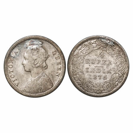 Victoria Queen, Silver, 1/4 Rupee, 1875, Bombay Mint, A/I, No dot. F. Prid 406. GK 666. Fi
