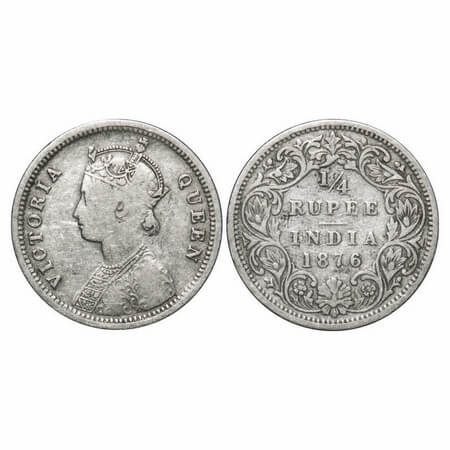 Victoria Queen, Silver, 1/4 Rupee, 1876, Bombay Mint, A/I, No dot. F. Prid 407. GK 668. Ve