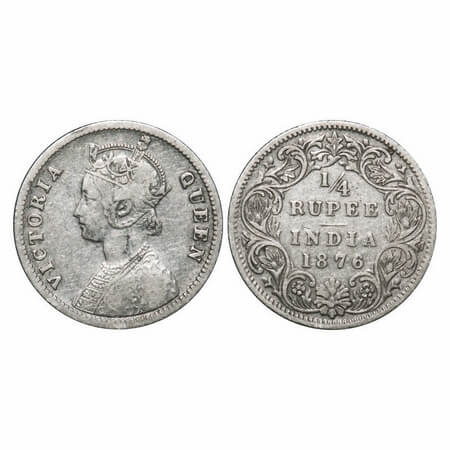Victoria Queen, Silver, 1/4 Rupee, 1876, Calcutta Mint, A/I, No mint mark, No 'C'. F. Prid