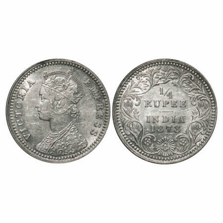 Victoria Empress, Silver, 1/4 Rupee, 1878, Calcutta Mint, C/II, No mint mark, No 'C'. F. P