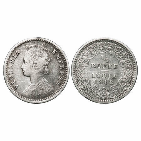 Victoria Empress, Silver, 1/4 Rupee, 1882, Calcutta Mint, C/II, 'C' incused. F. Prid 387. 