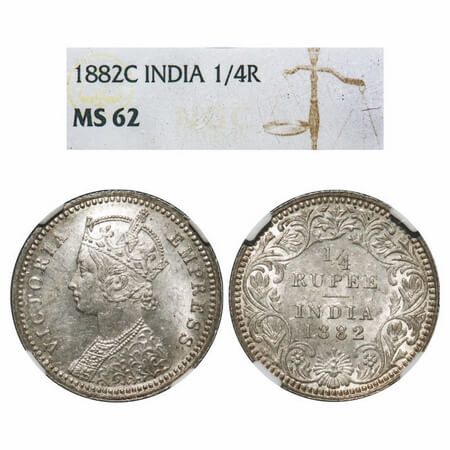 Victoria Empress, Silver, 1/4 Rupee, 1882, Calcutta Mint, C/II, 'C' incused. F. Prid 387. 