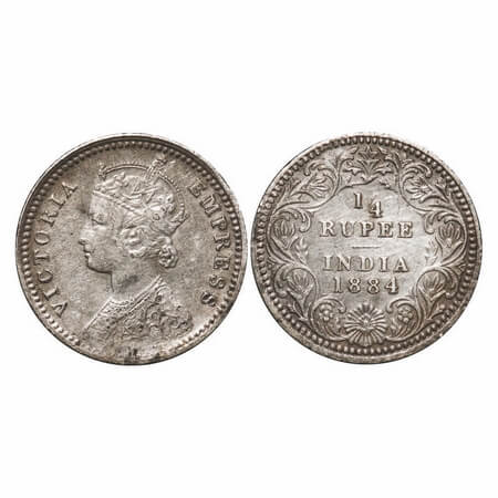 Victoria Empress, Silver, 1/4 Rupee, 1884, Calcutta Mint, C/II, No mint mark, No 'C'. F. P