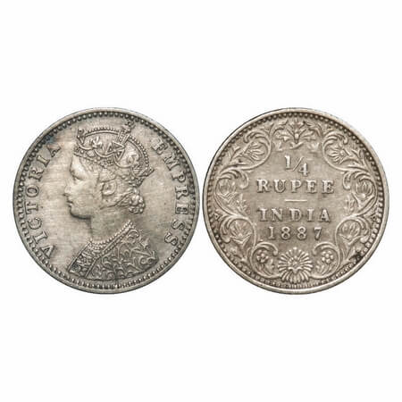 Victoria Empress, Silver, 1/4 Rupee, 1887, Bombay Mint, C(i)/II, 'B' raised. F. Prid 420. 