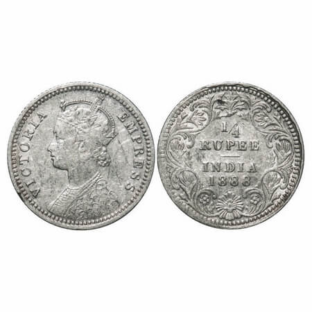 Victoria Empress, Silver, 1/4 Rupee, 1888, Calcutta Mint, C/II, No mint mark, No 'C'. F. P